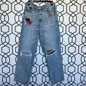 American Eagle Highest Rise 90s Boyfriend Jeans with Red Plaid Patches 14